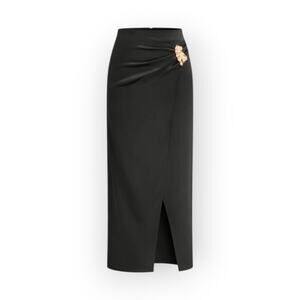 Commense Satin Black Gold Buckle Slit Midi Skirt XL  | Elegant Chic